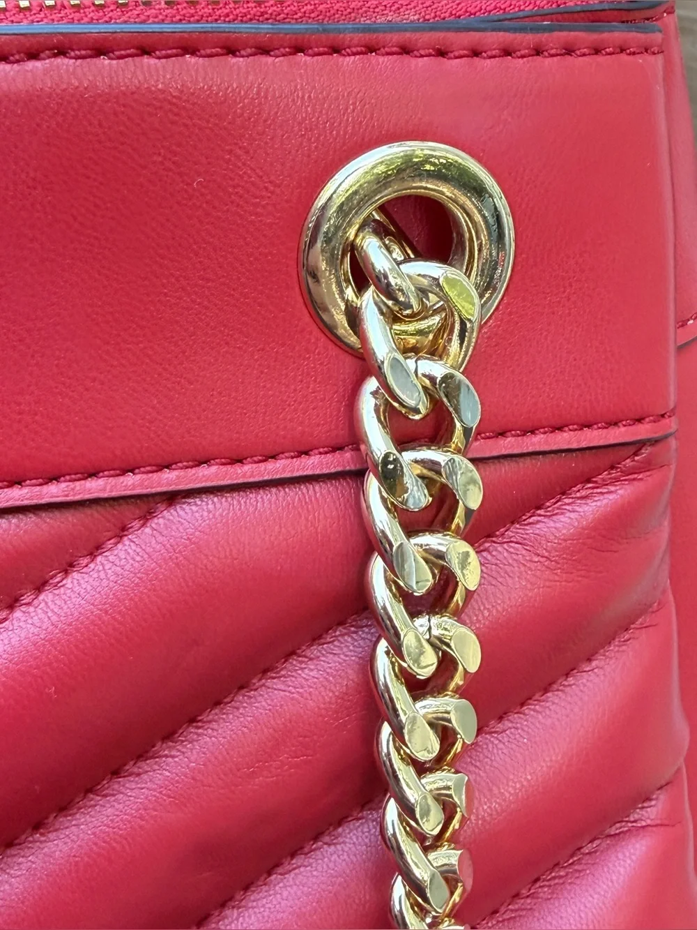 Michael Kors Whitney Medium Quilted Tote Red Gold Chain Shoulder Bag